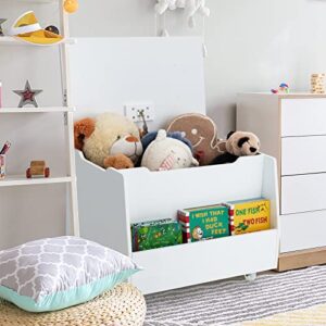 HONEY JOY Kids Wooden Toy Box, 3-In 1 Large Toy Storage Chest with Bookshelf, Flip-Top Lid, Safety Hinge & Cut-out Handle, Toddler Toy Storage Bench with Wheels, for Nursery, Bedroom, Playroom, White