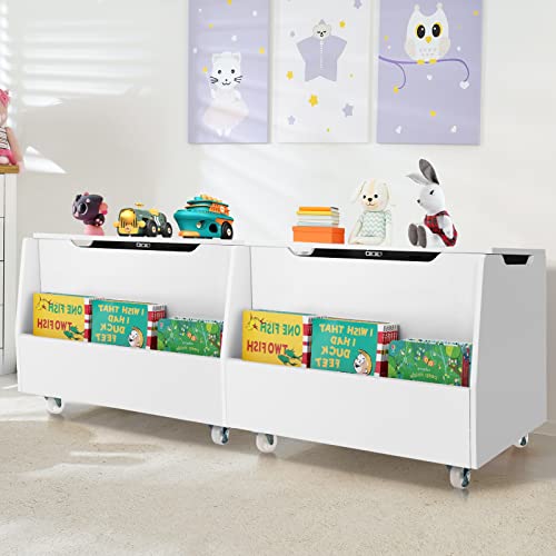HONEY JOY Kids Wooden Toy Box, 3-In 1 Large Toy Storage Chest with Bookshelf, Flip-Top Lid, Safety Hinge & Cut-out Handle, Toddler Toy Storage Bench with Wheels, for Nursery, Bedroom, Playroom, White