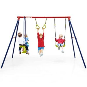 olakids swing sets for backyard, outdoor 3 in 1 a-frame heavy duty metal stand for kids and adults, 440lbs playground activity playset with swing seat, glider, trapeze rings for toddlers