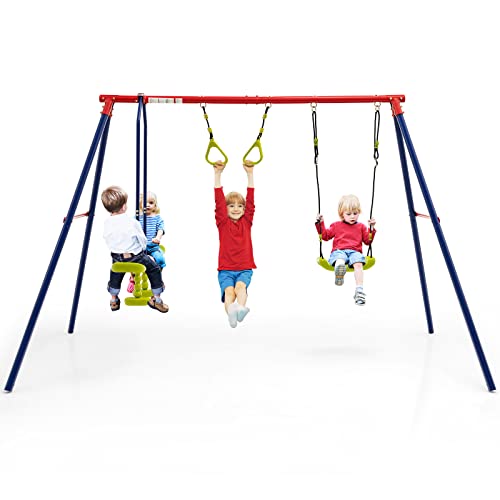 OLAKIDS Swing Sets for Backyard, Outdoor 3 in 1 A-Frame Heavy Duty Metal Stand for Kids and Adults, 440LBS Playground Activity Playset with Swing Seat, Glider, Trapeze Rings for Toddlers