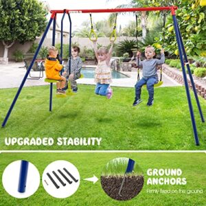 OLAKIDS Swing Sets for Backyard, Outdoor 3 in 1 A-Frame Heavy Duty Metal Stand for Kids and Adults, 440LBS Playground Activity Playset with Swing Seat, Glider, Trapeze Rings for Toddlers