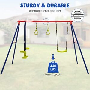 OLAKIDS Swing Sets for Backyard, Outdoor 3 in 1 A-Frame Heavy Duty Metal Stand for Kids and Adults, 440LBS Playground Activity Playset with Swing Seat, Glider, Trapeze Rings for Toddlers