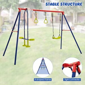 OLAKIDS Swing Sets for Backyard, Outdoor 3 in 1 A-Frame Heavy Duty Metal Stand for Kids and Adults, 440LBS Playground Activity Playset with Swing Seat, Glider, Trapeze Rings for Toddlers