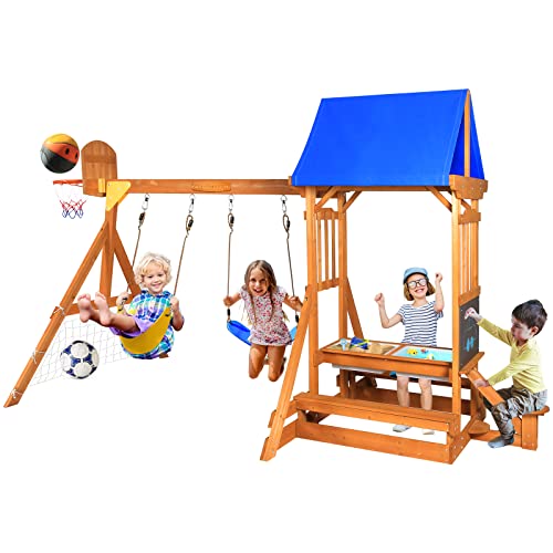 SuniBoxi Wooden Swing Set/Playset Made for Small Yards and Kids Toddlers Age 3-6, 6-in-1 Playground Set with Picnic Table Drawing Board Sandboxes Basketball Hoop Soccer Net