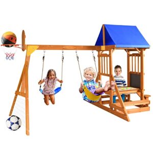 SuniBoxi Wooden Swing Set/Playset Made for Small Yards and Kids Toddlers Age 3-6, 6-in-1 Playground Set with Picnic Table Drawing Board Sandboxes Basketball Hoop Soccer Net