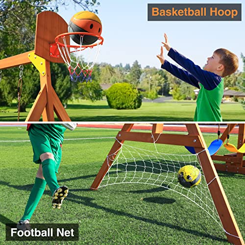 SuniBoxi Wooden Swing Set/Playset Made for Small Yards and Kids Toddlers Age 3-6, 6-in-1 Playground Set with Picnic Table Drawing Board Sandboxes Basketball Hoop Soccer Net