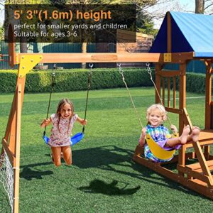 SuniBoxi Wooden Swing Set/Playset Made for Small Yards and Kids Toddlers Age 3-6, 6-in-1 Playground Set with Picnic Table Drawing Board Sandboxes Basketball Hoop Soccer Net