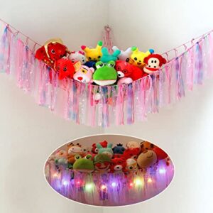 Stuffed Animal Net or Hammock with LED Light, Toy Hammock Hanging Stuffed Animal Storage Organizer Holder Boho Decor for Nursery Playroom Bedroom Kids Room Storage (Pink)