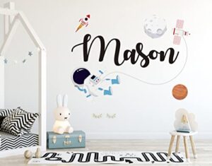 custom name astronaut wall decal - personalized astronaut wall sticker - spaceship planet outer space wall art mural - wall decal for nursery bedroom playroom decoration (wide 15"x11" height)