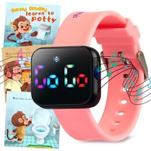 potty training watch for kids v2 – a water resistant potty reminder device for boys and girls to train your toddler with fun/musical and vibration interval reminders with potty training ebook (pink)