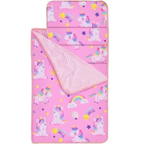 smttw nap mat with removable pillow & fleece blanket, extra long toddler nap mats for daycare-measures 55 x 23 x 2 inches, kids sleeping mat toddler sleeping bag,unicorn