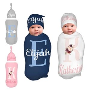 WTCWY Personalized Baby Swaddle and Hat for Baby Girl Boy with Name Personalized Custom Baby Blankets for Girls Boys with Name Personalized Baby Items Girl Boy Gifts