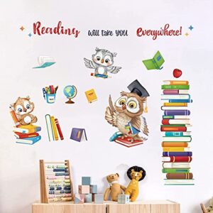 wondever Reading Corner Wall Stickers Owl Books Inspirational Educational Quote Peel and Stick Wall Art Decals for Kids Bedroom Classroom