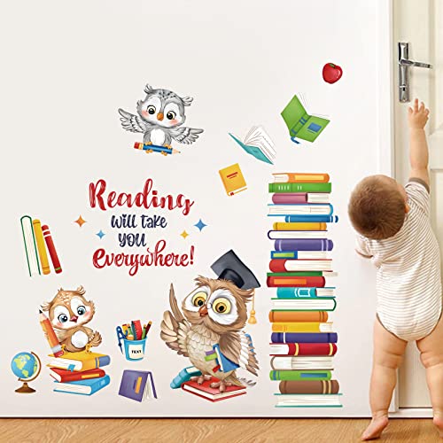 wondever Reading Corner Wall Stickers Owl Books Inspirational Educational Quote Peel and Stick Wall Art Decals for Kids Bedroom Classroom