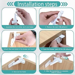 Baby Proofing Drawer Locks, 12Pcs Child Safety Locks, Slider Unlock Drawers Locks-Adhesive Or Drilling Installation