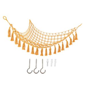 Stuffed Animal Storage Net, Macrame Toy Plush Toy Net Hammock Easy to Install Animals Corner Hanging Stuffed Animal Storage Holder Space Saving Tassel Toys Bedroom Storage Hammock (Autumn Yellow)