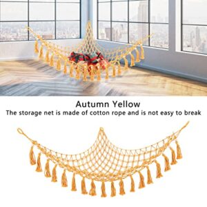 Stuffed Animal Storage Net, Macrame Toy Plush Toy Net Hammock Easy to Install Animals Corner Hanging Stuffed Animal Storage Holder Space Saving Tassel Toys Bedroom Storage Hammock (Autumn Yellow)