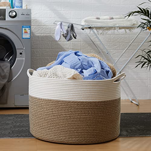 maison sympa Extra Large Cotton Rope Basket Woven Baby Laundry Basket Blanket Basket Baby and pet Toy Basket with Handle Laundry Hamper - 21" x 21" x 13.8" (white & camel)