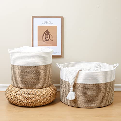 maison sympa Extra Large Cotton Rope Basket Woven Baby Laundry Basket Blanket Basket Baby and pet Toy Basket with Handle Laundry Hamper - 21" x 21" x 13.8" (white & camel)