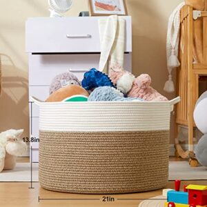 maison sympa Extra Large Cotton Rope Basket Woven Baby Laundry Basket Blanket Basket Baby and pet Toy Basket with Handle Laundry Hamper - 21" x 21" x 13.8" (white & camel)