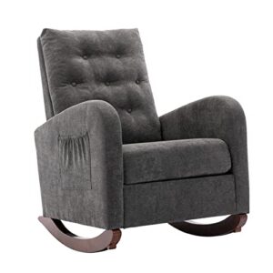 upholstered rocking chair for nursery, accent glider rocker with side pocket, comfy armchair with tall backrest and double layer cushion, baby nursery glider for living room, bedroom (dark grey)