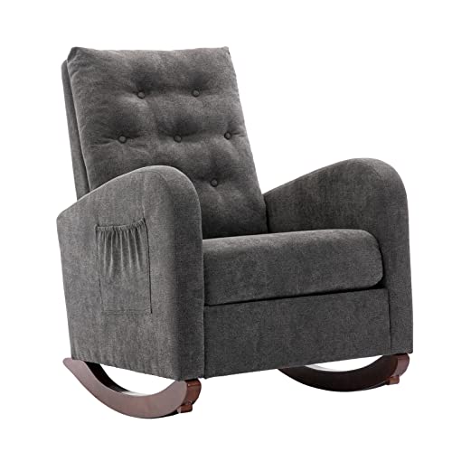 Upholstered Rocking Chair for Nursery, Accent Glider Rocker with Side Pocket, Comfy Armchair with Tall Backrest and Double Layer Cushion, Baby Nursery Glider for Living Room, Bedroom (Dark Grey)