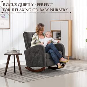 Upholstered Rocking Chair for Nursery, Accent Glider Rocker with Side Pocket, Comfy Armchair with Tall Backrest and Double Layer Cushion, Baby Nursery Glider for Living Room, Bedroom (Dark Grey)