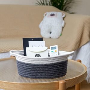 Maison Sympa Small Handmade Woven Basket Cotton Rope Basket Baby Toy and Pet Toy Basket with Handles Book Basket Bathroom Organization Bin Candy Basket 11.8"x 7.8" x 5" (white & dark grey)