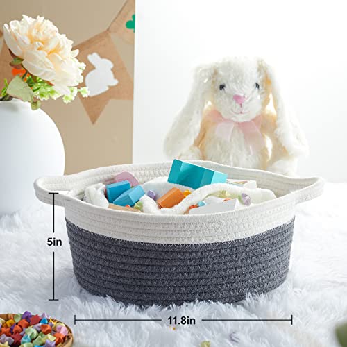 Maison Sympa Small Handmade Woven Basket Cotton Rope Basket Baby Toy and Pet Toy Basket with Handles Book Basket Bathroom Organization Bin Candy Basket 11.8"x 7.8" x 5" (white & dark grey)