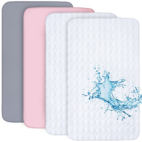 Crib Sheets and Waterproof Crib Mattress Protector 4 Pack Set,Waterproof Crib Sheets Mattress Pad Cover for Baby Boys and Girls, Grey&Pink