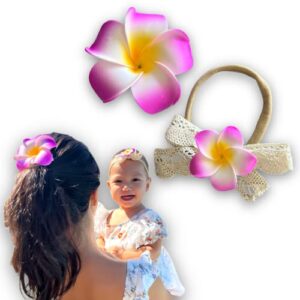 Mommy Baby Matching Handmade Hawaiian Plumeria Flower Headband and Hair Clip Set Baby Shower Gifts Holiday Gifts for Babies Baby Girls Family Matching (Dawn Pink)