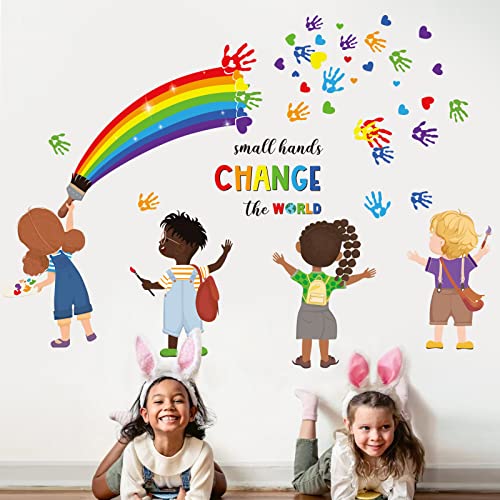 decalmile Small Hands Change The World Equality Wall Stickers Inspirational Quote Rainbow Wall Decals Kids Room Classroom School Library Wall Decor Gift