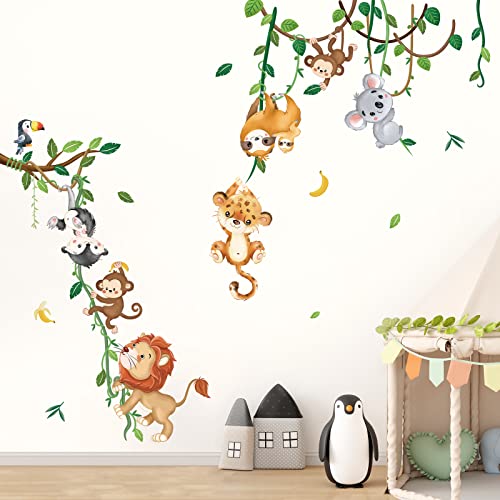 decalmile Jungle Animals Climbing Tree Wall Decals Monkey Lion Koala Tiger Wall Stickers Baby Nursery Kids Room Living Room Home Decor