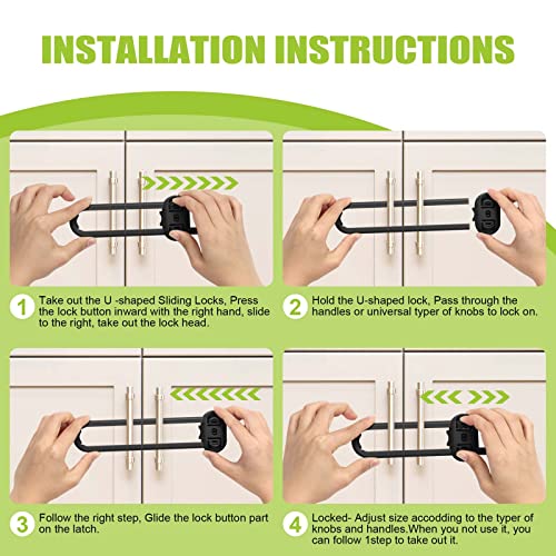 6-Pack Safety Cabinet Locks for babies, Child safety cabinet locks, baby Proof Cabinet latches, Adjustable U-Shaped Sliding Child locks for Closet cabinets Knob Handle