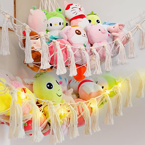 Homcosan Stuffed Animal Hammock with LED Light Large Toy Hammock for Stuffed Animals Storage Handmade Macrame Toy Hammock Organizer with Tassels Boho Toys Storage Hammock for Kid's Room 62"58"58"