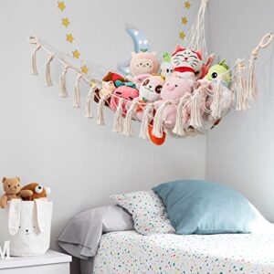 Homcosan Stuffed Animal Hammock with LED Light Large Toy Hammock for Stuffed Animals Storage Handmade Macrame Toy Hammock Organizer with Tassels Boho Toys Storage Hammock for Kid's Room 62"58"58"