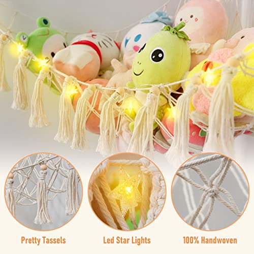 Homcosan Stuffed Animal Hammock with LED Light Large Toy Hammock for Stuffed Animals Storage Handmade Macrame Toy Hammock Organizer with Tassels Boho Toys Storage Hammock for Kid's Room 62"58"58"