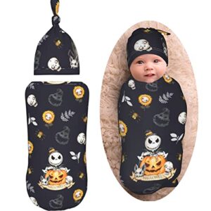 auhomea halloween pattern in black skulls newborn swaddle blanket soft unisex infant swaddle wrap blanket baby receiving blanket with beanie hat for boy and girl