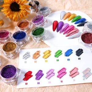 11pcs Magic Mirror Chrome Nail Powder & 1pc Holographic Laser Silver Nail Powder Pigment, Shinny Glitter Nail Art, Dust Nail Powder for Manicure Decorations