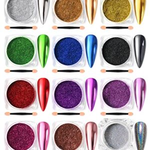 11pcs Magic Mirror Chrome Nail Powder & 1pc Holographic Laser Silver Nail Powder Pigment, Shinny Glitter Nail Art, Dust Nail Powder for Manicure Decorations