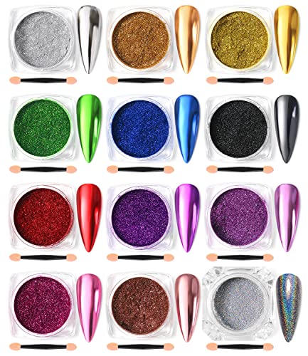 11pcs Magic Mirror Chrome Nail Powder & 1pc Holographic Laser Silver Nail Powder Pigment, Shinny Glitter Nail Art, Dust Nail Powder for Manicure Decorations