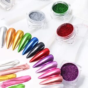 11pcs Magic Mirror Chrome Nail Powder & 1pc Holographic Laser Silver Nail Powder Pigment, Shinny Glitter Nail Art, Dust Nail Powder for Manicure Decorations