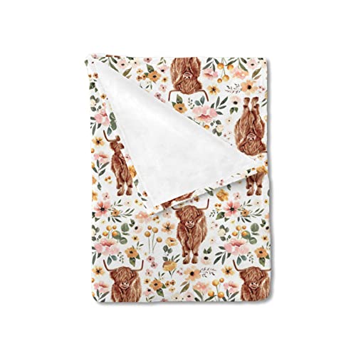 HawSkgFub Highland Cow Boho Retro Floral Baby Girl Blanket, Western Farm Animal Yak Flower Flannel Fleece Nursery Bed Swaddle Receiving Blankets, Soft Newborn Infant Toddler Kid Crib Bedding 30 x 40