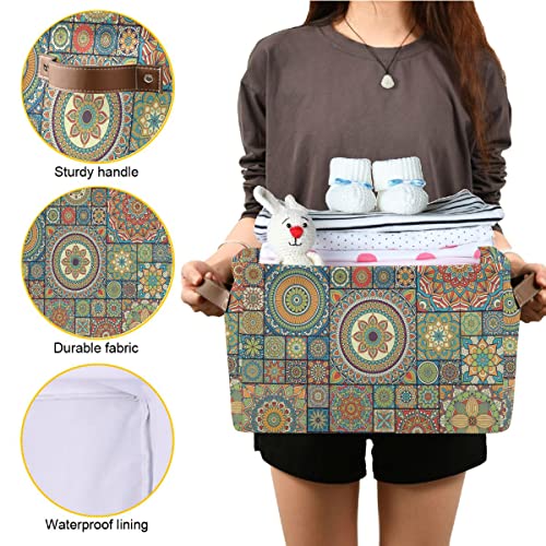 ZOEO Large Storage Basket, Boho Mandala Kitchen Blue Brown Patchwork Flower Oriental Foldable Storages Box Organizer Bins with Leather Handles for Shelves Closet Bedroom, Theme Party