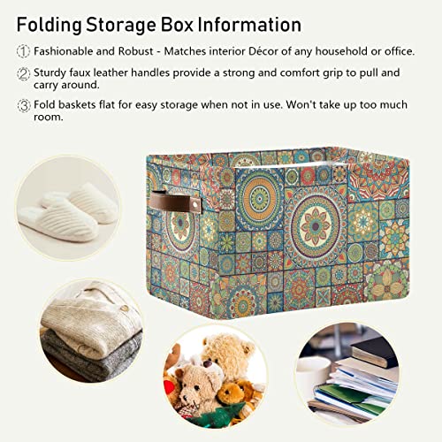 ZOEO Large Storage Basket, Boho Mandala Kitchen Blue Brown Patchwork Flower Oriental Foldable Storages Box Organizer Bins with Leather Handles for Shelves Closet Bedroom, Theme Party