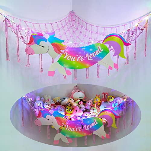 FIOBEE Stuffed Animal Net or Hammock with LED Light, Toy Hammock Net with Banner Stuffed Animal Storage Organizer Hanging Kids Room Wall Decor for Nursery Playroom Bedroom, Unicorn