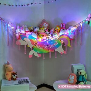 FIOBEE Stuffed Animal Net or Hammock with LED Light, Toy Hammock Net with Banner Stuffed Animal Storage Organizer Hanging Kids Room Wall Decor for Nursery Playroom Bedroom, Unicorn