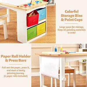 FUNLIO Wooden Kids Art Table & 2 Chairs Set (for Ages 3-8), Kids Craft Table with Large Storage & Paper Rolls, Toddler Drawing Table Solid Wood, Easy to Assemble/Clean, CPC & CE Certified