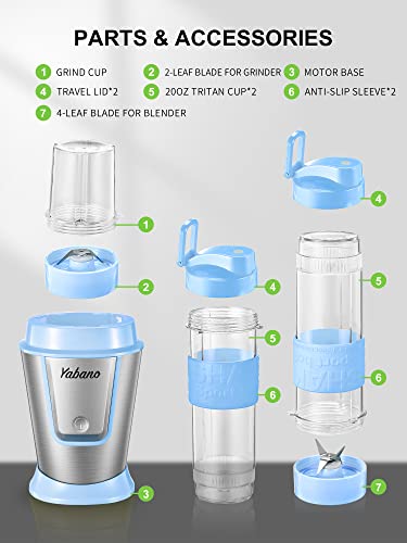 Personal Blender with 2 x 20oz Travel Bottle and Coffee/Spices Jar, Portable Smoothie Blender and Coffee Grinder in One, 500W Single Serve Blender for Shakes and Smoothies, BPA free, by Yabano (Blue)