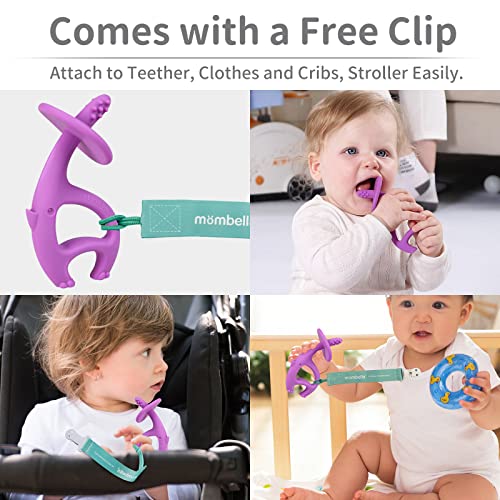 Mombella Baby Teething Toys for Babies 3 6 12 Months with Attachment to Clip on, Soft Silicone Teether Toys, 2 in 1 Elephant Teethers & Pre-Training Toothbrush, 9 Month Old Infant Chew Toys, Purple